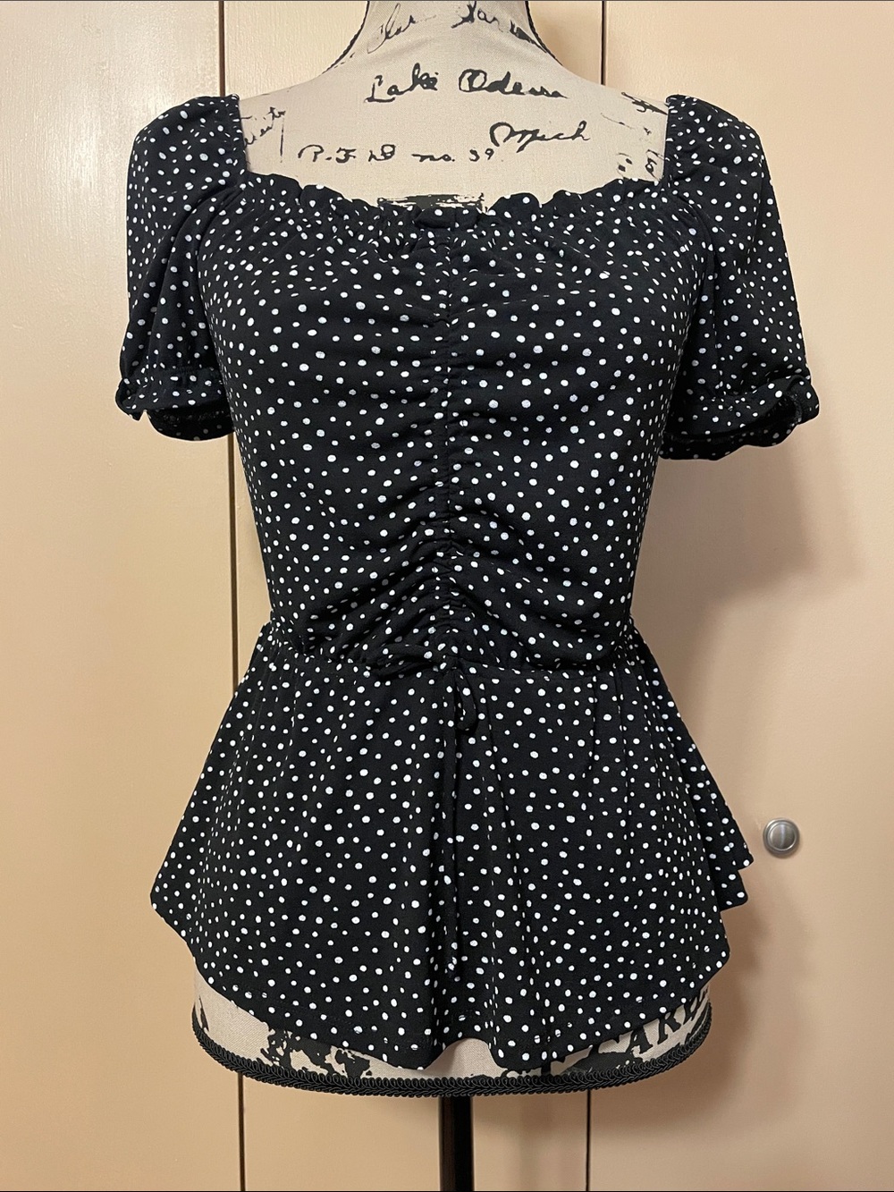 Black Polka Dot Peplum Blouse with Square Neck